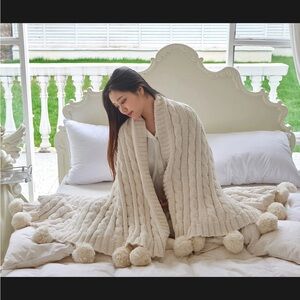 Cozy Cream Pom-Pom Knit Throw Blanket
